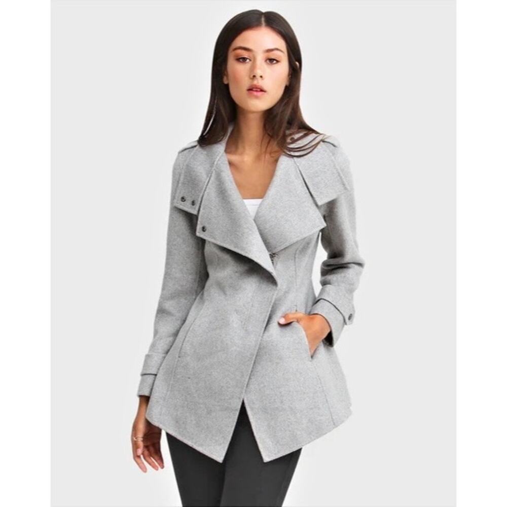 BELLE & BLOOM NWT Bad Girl Wool-Blend Moto Pea Coat in Light Grey Marle Size S